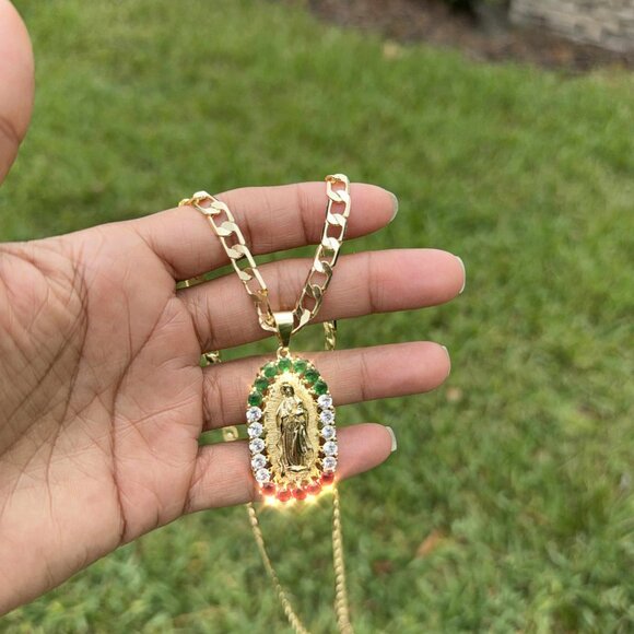 14K GP Virgin of Guadalupe Pendant Cubic Zirconia Miami Cuban Chain 20 Inch 4mm - Picture 5 of 6